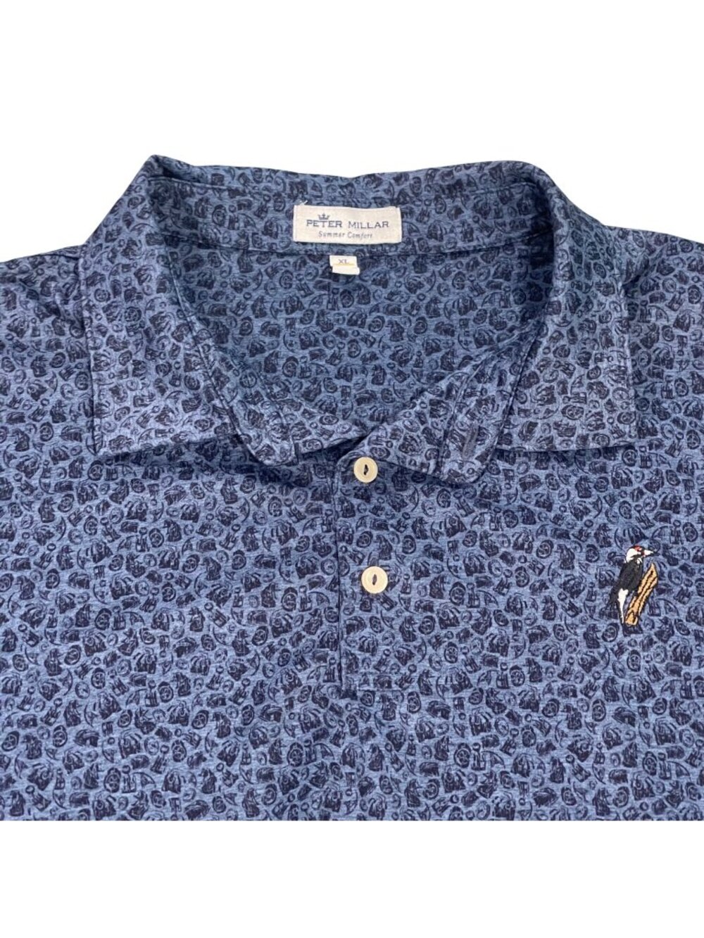 Peter Millar Summer Comfort XL Polo Blue Cars Wheels Stick Shift AOP Woodpecker